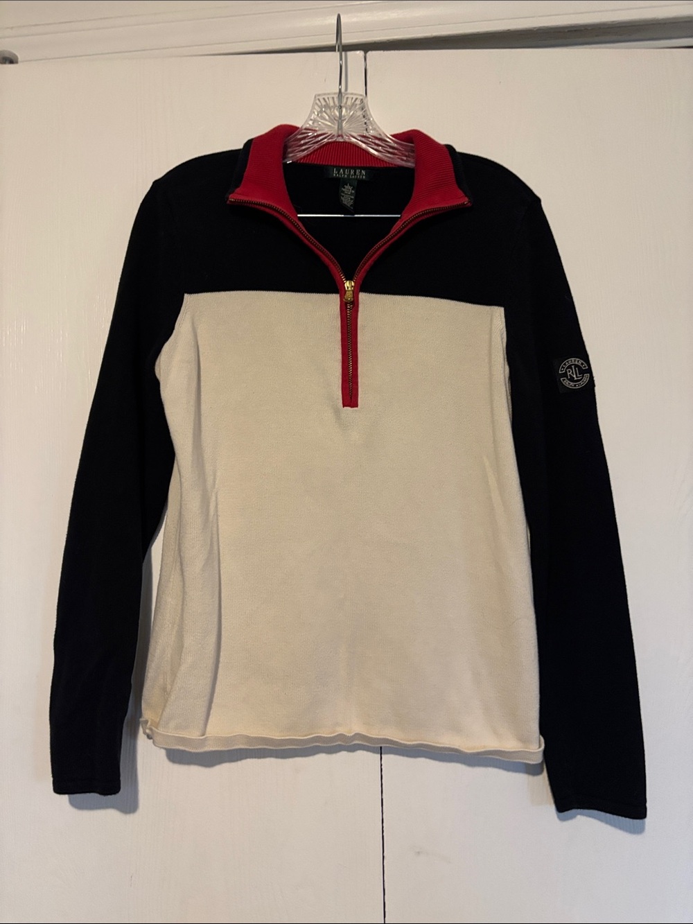 Ralph Lauren Black & White Half-Zip Sweater with Red Trim